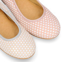 Classic suede leather ballet flat shoes with little dots printed.