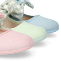 Serratex canvas Girl Mary Jane shoes with vichy bow in pastel colors.