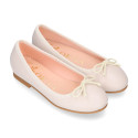 Soft leather classic girl ballet flats with adjustable ribbon in seasonal colors.