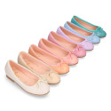 Soft leather classic girl ballet flats with adjustable ribbon in seasonal colors.