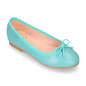 Soft leather classic girl ballet flats with adjustable ribbon in seasonal colors.