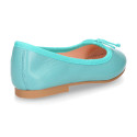 Soft leather classic girl ballet flats with adjustable ribbon in seasonal colors.