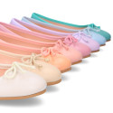 Soft leather classic girl ballet flats with adjustable ribbon in seasonal colors.