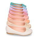 Soft leather classic girl ballet flats with adjustable ribbon in seasonal colors.