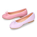 Soft leather classic girl ballet flats with adjustable ribbon in seasonal colors.