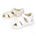 Classic Washable leather Boys sandal shoes with hook and loop strap closure.