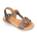 Cowhide Leather Sandal shoes with big flower and buckle fastening.