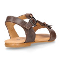 Cowhide Leather Sandal shoes with big flower and buckle fastening.