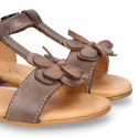 Cowhide Leather Sandal shoes with big flower and buckle fastening.