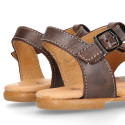 Cowhide Leather Sandal shoes with big flower and buckle fastening.