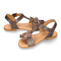 Cowhide Leather Sandal shoes with big flower and buckle fastening.