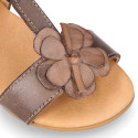 Cowhide Leather Sandal shoes with big flower and buckle fastening.