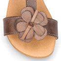 Cowhide Leather Sandal shoes with big flower and buckle fastening.