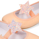 Soft Nappa leather Girl Ballet flat shoes with elastic band with star design.