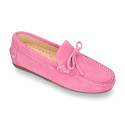 Suede leather Moccasin shoes with bows and driver type Outsole for large sizes.