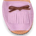 Nubuck leather menorquina sandals with rear strap and fringed tab.