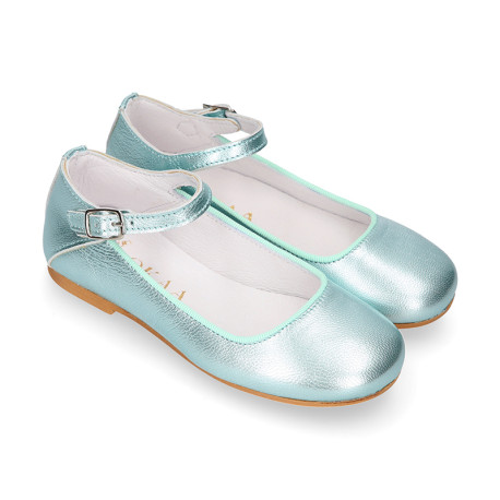 Aquamarine color soft leather girl halter Mary Jane shoes with buckle fastening.