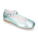 Aquamarine color soft leather girl halter Mary Jane shoes with buckle fastening.