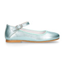 Aquamarine color soft leather girl halter Mary Jane shoes with buckle fastening.