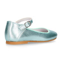 Aquamarine color soft leather girl halter Mary Jane shoes with buckle fastening.