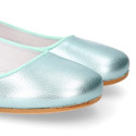 Aquamarine color soft leather girl halter Mary Jane shoes with buckle fastening.