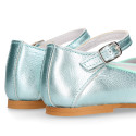 Aquamarine color soft leather girl halter Mary Jane shoes with buckle fastening.