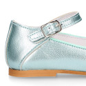 Aquamarine color soft leather girl halter Mary Jane shoes with buckle fastening.