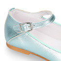 Aquamarine color soft leather girl halter Mary Jane shoes with buckle fastening.