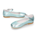 Aquamarine color soft leather girl halter Mary Jane shoes with buckle fastening.