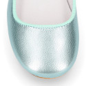 Aquamarine color soft leather girl halter Mary Jane shoes with buckle fastening.