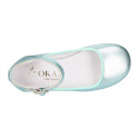 Aquamarine color soft leather girl halter Mary Jane shoes with buckle fastening.