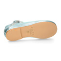 Aquamarine color soft leather girl halter Mary Jane shoes with buckle fastening.