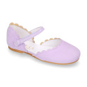 Girl Mary Jane shoes in LILAC soft suede leather with waves design.