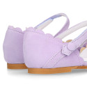 Girl Mary Jane shoes in LILAC soft suede leather with waves design.