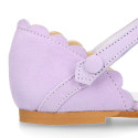 Girl Mary Jane shoes in LILAC soft suede leather with waves design.