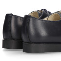 Nappa leather Kids Laces up shoes for ceremony in navy blue color.