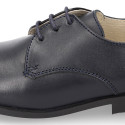 Nappa leather Kids Laces up shoes for ceremony in navy blue color.