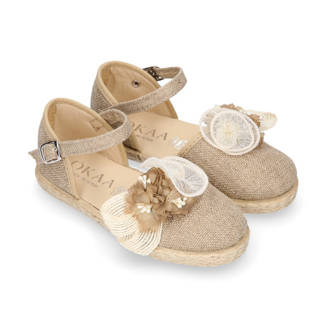 Natural Linen canvas girl espadrille shoes for CEREMONIES with flower design.