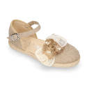 Natural Linen canvas girl espadrille shoes for CEREMONIES with flower design.