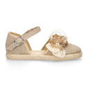 Natural Linen canvas girl espadrille shoes for CEREMONIES with flower design.