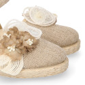 Natural Linen canvas girl espadrille shoes for CEREMONIES with flower design.