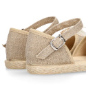 Natural Linen canvas girl espadrille shoes for CEREMONIES with flower design.