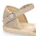 Natural Linen canvas girl espadrille shoes for CEREMONIES with flower design.