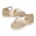 Natural Linen canvas girl espadrille shoes for CEREMONIES with flower design.