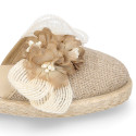 Natural Linen canvas girl espadrille shoes for CEREMONIES with flower design.