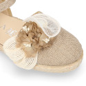 Natural Linen canvas girl espadrille shoes for CEREMONIES with flower design.