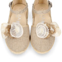 Natural Linen canvas girl espadrille shoes for CEREMONIES with flower design.