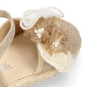 Natural Linen canvas girl espadrille shoes for CEREMONIES with flower design.