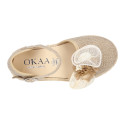 Natural Linen canvas girl espadrille shoes for CEREMONIES with flower design.