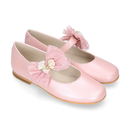 PRE-ORDER. Ceremony Mary Jane shoes in nappa leather in powder pink with tulle flower.